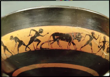 Attische schwarzfigurige Tasse, die Arbeiter auf einem Feld darstellt, aus Athen (Detail)